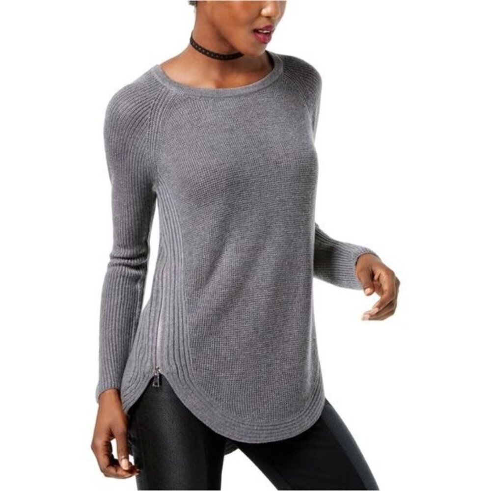 NWT INC Womens Petite Large Smoky Blue Knit Sweater Side Zipper Lightweight